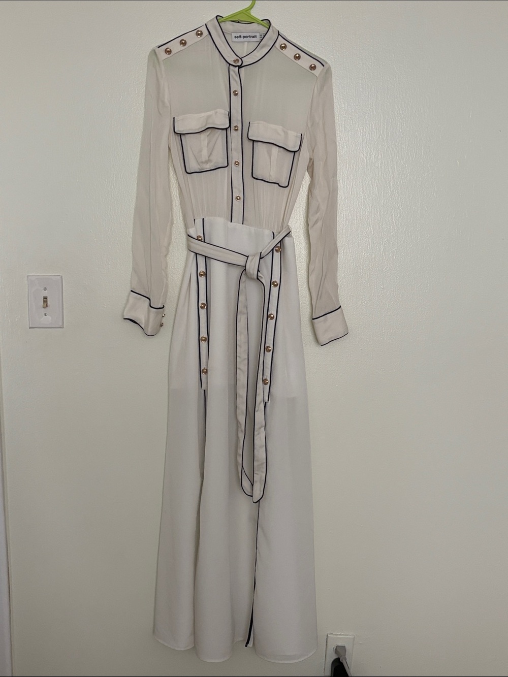 Self-Portrait Cream Long Sleeve Shirt Maxi Dress with Black Piping - Picture 12 of 12